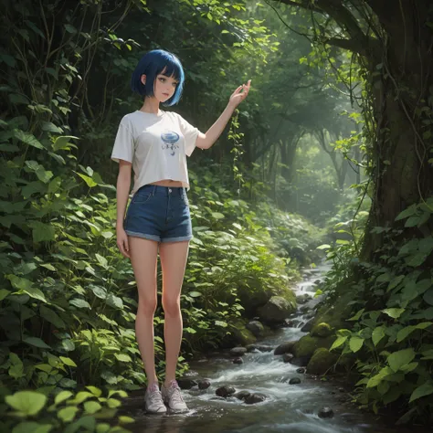 A cute girl with short blue hair, wearing a cream-colored T-shirt, blue shorts, standing in a stream, a mysterious forest, vines, dim light.