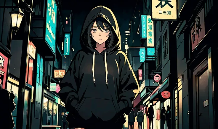 (((woman wearing a black hoodie is walking through the city at night))), ((anime:1.4,illustration)),(masterpiece, top quality, best quality),(ultra-detailed, absolutely resolution),((16k, high res)). BREAK {lofi art,} anime aesthetic} 