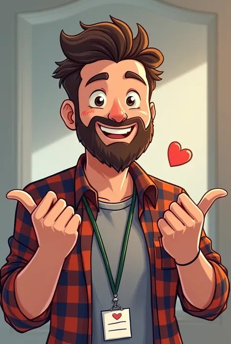 Realistic a smiling man with styled hair and a beard, wearing a plaid shirt and an ID card around his neck. He points to the side with both hands, creating a cheerful and positive vibe. The caption overlay reads "Always Be Happy!" with a small heart symbol...