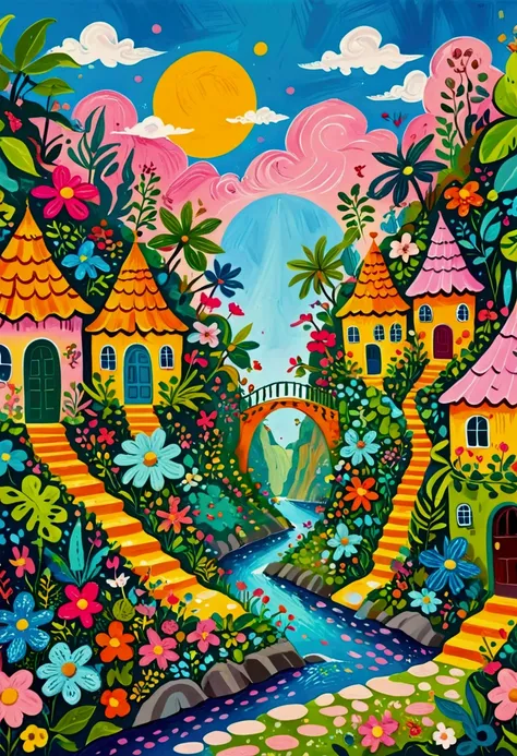 a painting of a colorful city surrounded by trees and plants, jane newland, colorful illustration, beautifully illustrated, colo...