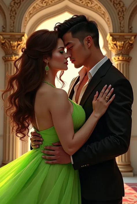 woman, brown long hair, green eyes, pale skin, Big boobs, Plus size body, Wearing a neon green dress with a deep neckline kisses an Asian elf man with dark brown hair, brown eyes, Wear a black suit open, muscular body, in the castle