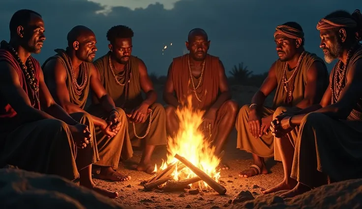 A tense meeting of Kikuyu and Maasai elders, seated in a circle around a fire. The elders are dressed in traditional garments, their faces stern and angry as they discuss the lovers betrayal. The flames of the fire reflect the intensity of their emotions.