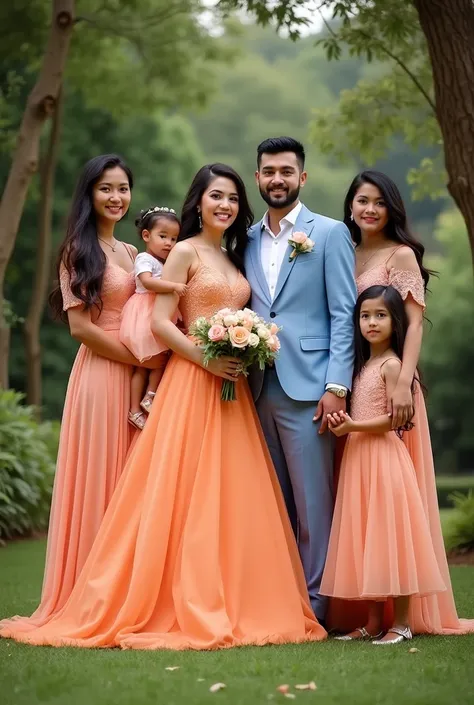 The bride is dressed in orange. The groom is dressed in light blue. And the family members stand in peach color dress. A group photo of this kind
