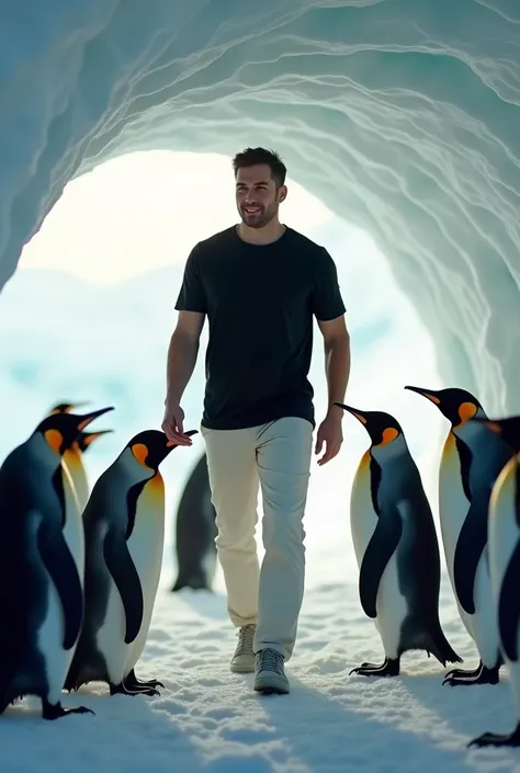 Photorealistic a men wearing high neck black t- shirt with off white pant and very fair complexion Walking in antarktika igloo and playing with penguins