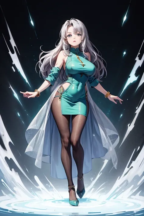 Full-body angle, cel-shaded anime style, colored manga, seed value 156378292, a single woman with straight long silver hair, wearing a dark green mini skirt suit, black heels, sharp eyes, 165cm tall, slender and curvy figure with large breasts (emphasized)...