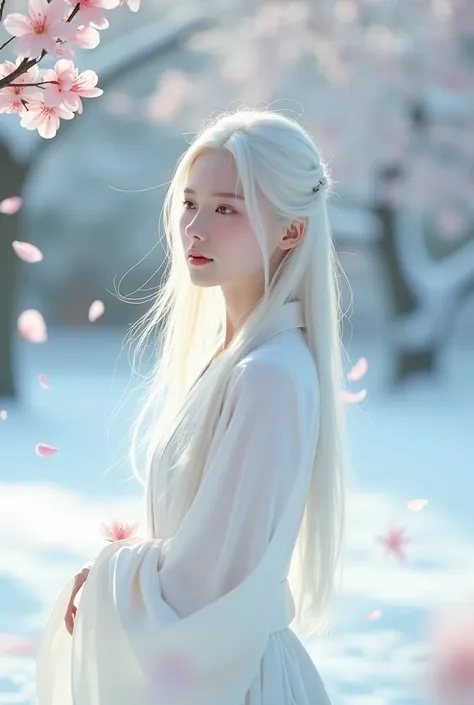 a beautiful young woman with long flowing white hair, delicate facial features, pale skin, wearing a white kimono, standing in a snowy landscape, sakura petals falling around her, glowing soft light, ethereal and serene atmosphere, highly detailed, 8k, pho...