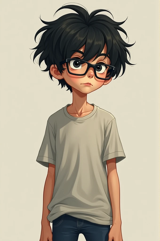 Tall boy, thesis clara, messy black hair, black eyes, wear glasses, with casual clothing