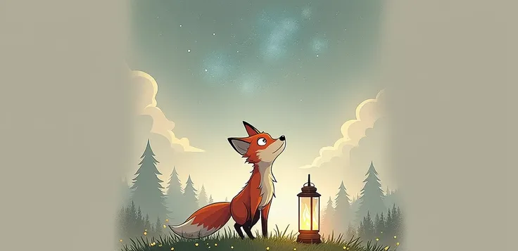 A vibrant twilight sky, where Finn the fox stands on a grassy hill, looking up in confusion at a dark, starless sky. His fur is a fiery orange, and his eyes are wide with curiosity. Around him, the hilltop is dotted with tiny fireflies glowing faintly. A l...