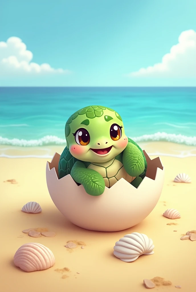 A sea turtle, It&#39;s cartoon style hatching from an egg on a nice sandy beach