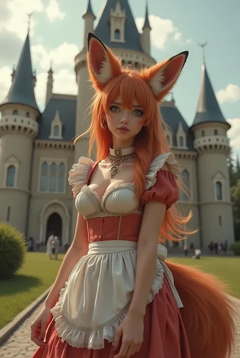 ((best quality, 8k)), ((masterpiece&#39;work)), (highest resolution), visage parfait, Woman with fox ears, Woman with a tail, lovely woman, She is a cleaning lady, This photo was taken at the&#39;Exterior of the castle, Une seule queue, She has thick thigh...