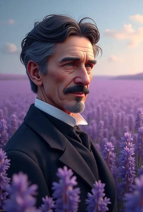 Nikola Tesla with kind face in a periwinkle field
