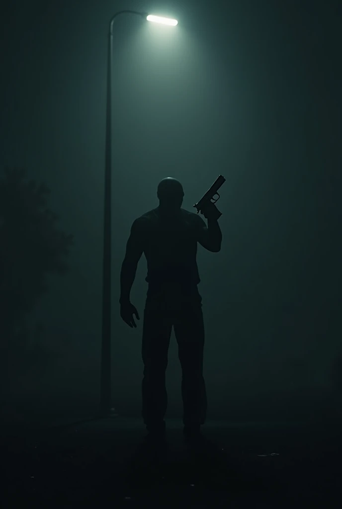 Totally black background.A totally black human shaped figure standing under street light at distance of 500 metres and he is holding a pistol in one hand While pointing the gun towards his head and put a very very dim street light on him revealing just his...