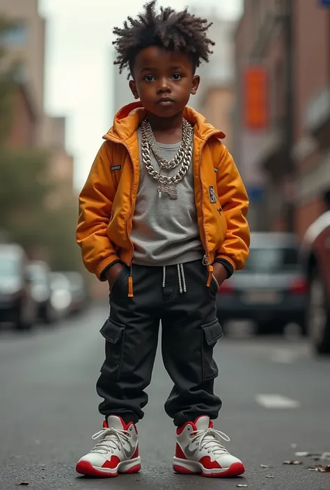 Create a dark-skinned child with Cuban chains, Slim fit pants, Nike retro 11, diamond girdle 