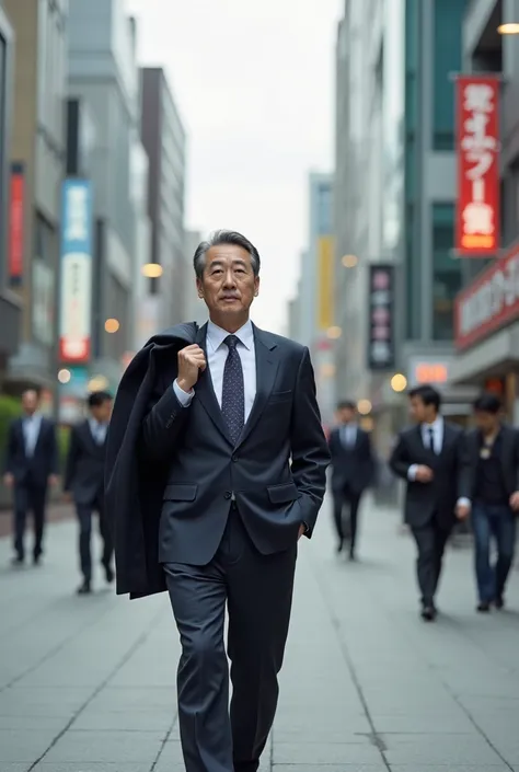 
This businessman is walking down the street in an office district with his suit slung over his shoulders.、A realistic photo of a middle-aged man walking. A Japanese man in a suit walking.