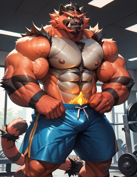 bara incineroar, fur, strong physique, perfect anatomy, masterpiece, black beard, big eyes, solo, great lighting, shorts, gym, topless