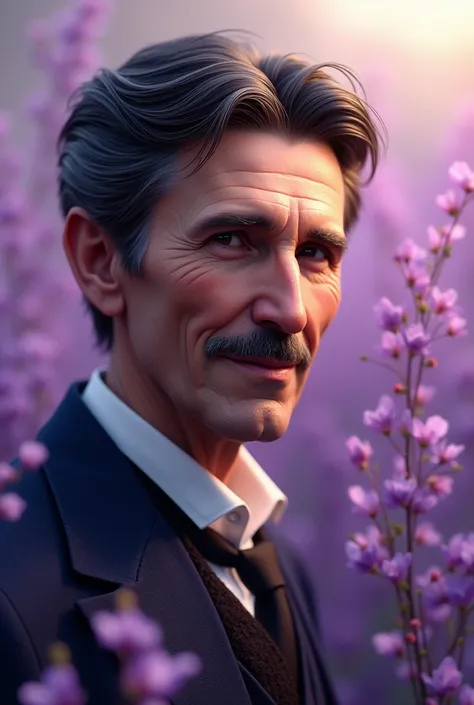 Nikola Tesla with kind face in a periwinkle field
