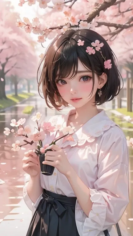 ((masterpiece, , high quality, , Rainy day girl product illustration,Cherry blossoms,water中で,water,Black Hair,Short Bob,White skin