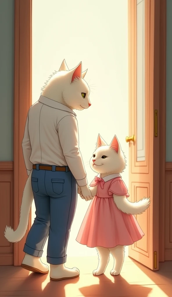  the father white cat in white shirt and blue pant and white cat (mother) in pink dress stand by the door, aving goodbye