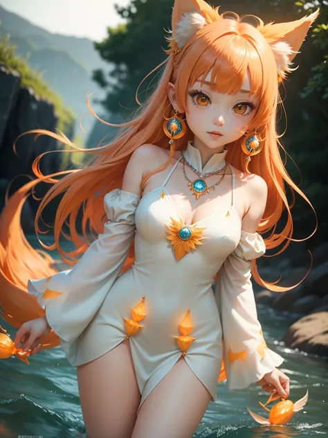 whole bodyを映す,cute little nine-tailed fox、  hime cut, Blushing, whole body、Pointed Ears、Puff sleeve dress！Borange Hair/Light orange hair, Hoop Earrings, yellow eyes, Bright Eyes, Sparkling eyes, Wide-angle shot, Beaded Necklaces,  shaped hair accessories, ...