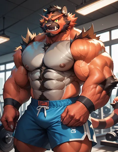 bara incineroar, fur, strong physique, perfect anatomy, masterpiece, black beard, big eyes, solo, great lighting, shorts, gym, t...