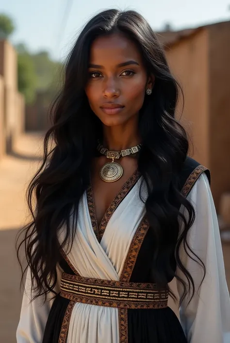 Extract(A women beatiful with brown color face having no earrings and no neckjewlery and with long black hair ethiopian north region tigrayian women wearing white and black color of habesha dresss around village with 170 cm height) this image