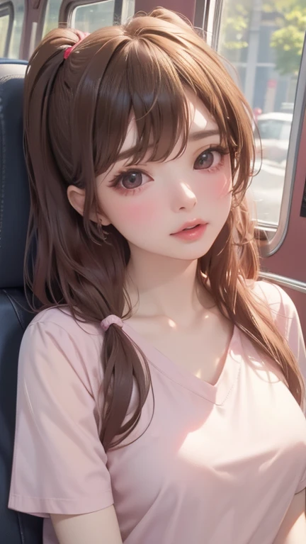 Korean female star photos, Uneven twin ponytails, Light makeup, Medium breast size, Smile, Colored T-shirts, On the bus, Clear facial features，Realistic details, Sony FE, 35 mm, Movie Lighting, High Detail, UHD, high quality, HD, 8K, 16K