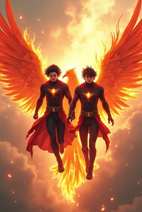 2 man, straight black hair, fiery eyes, black and red hero clothing, the phoenix on his chest, flying through the sky, full body, lots of fire around him.
