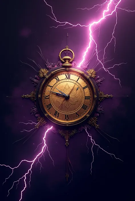 create stylish purple and black music cover with lightning and golden clocks, with the caption KAIROS 