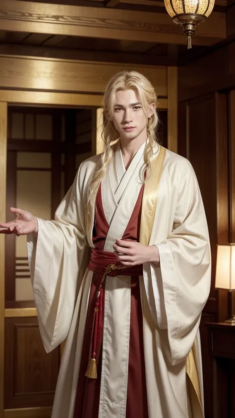 A European missionary, with pale skin, blonde hair, and wearing traditional European missionary robes, stands in a grand Japanese room decorated with gold and red details. His facial features are distinctly European, with a sharp nose and a kind smile. He ...