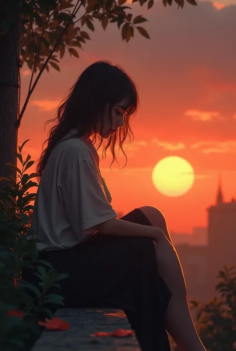 Sad girl left alone ,sunset