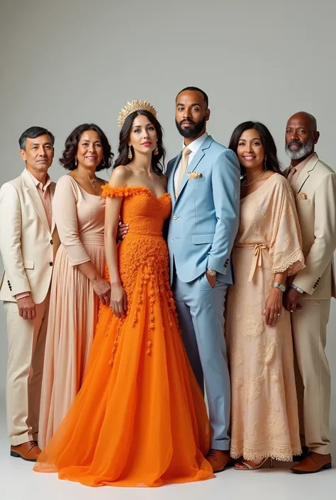 The bride is dressed in orange. The groom is dressed in light blue. And the family members stand in creem color dress. A group photo of this kind
