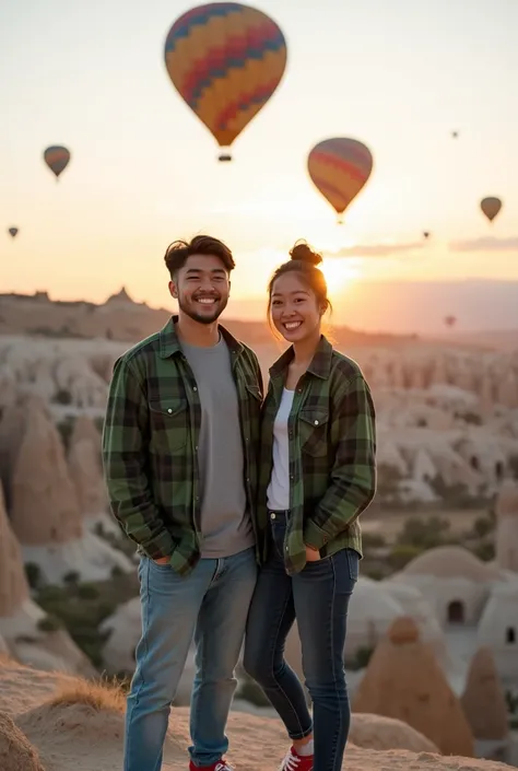 A photo of a young Asian couple young man and woman with bun hairstyles romantic pose face look a camera , dressed in green flannel shirts with t-shirts underneath, denim jeans, and red Converse shoes. They are enjoying a holiday in the Cappadocia landscap...