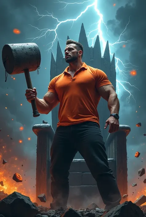 1 handsome Men with orange polo t-shirt and black pant holding sledgehammer with storm aura breaking  and smashing evil  throne 