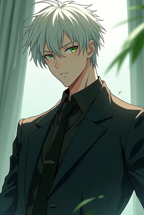 Anime style man, dominant, with a cold but lustful look, with white hair, green eyes, with an elegant but youthful suit, and a little muscular, 