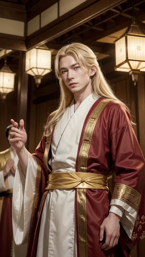 A European missionary, with pale skin, blonde hair, and wearing traditional European missionary robes, stands in a grand Japanese room decorated with gold and red details. His facial features are distinctly European, with a sharp nose and a kind smile. He ...