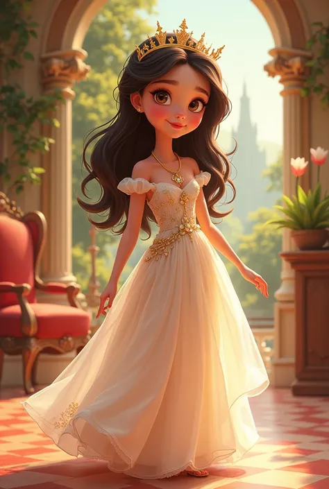 make me a smart cartoon girl whose pretty whole body make it look like a princess and not chubby