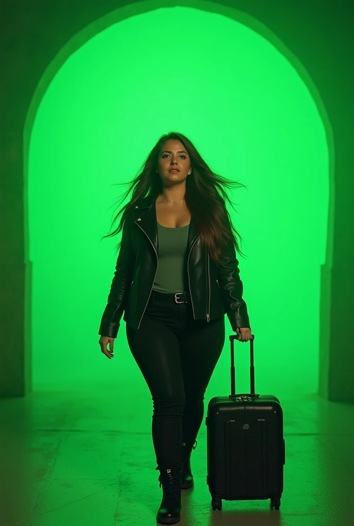 asian american woman, brown long hair, green eyes, pale skin, Big boobs, Plus size body, Wear a black leather jacket, Grey top underneath, black boots, a travel bag in hand, goes through a green barrier, She is amazed