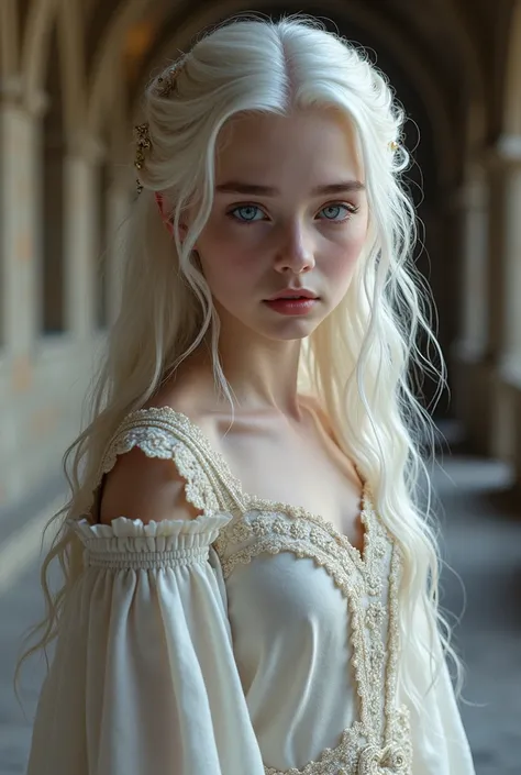 Make a young beautiful girl, with an angelic face, with platinum hair/white, and she will have lilac eyes, and she will be wearing an elegant medieval lannister dress, she will be in a castle corridor
