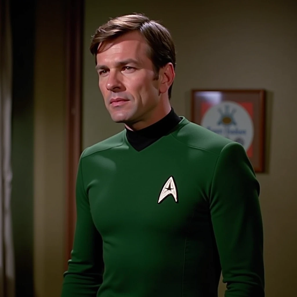 Dressed in green original series star trek uniform, movie still 