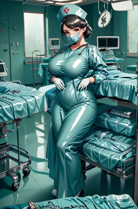 nurse uniform,hospital, latex nurse suit,nurses,busty,elbow gloves,labcoat,black hair woman,red eyes , gigantic ,medical instrum...