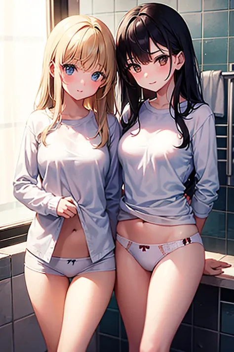 two cute girls in a shower room, wearing a white long sleeve shirt and white boxer briefs,