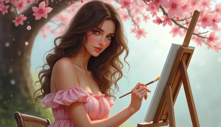  with long curly brown hair, greeneyes, medium fair skin, round mouth, com um vestido rosa, sitting under a flowering tree, PAINTING A PICTURE, Round face, beautiful breasts, light rain day,
