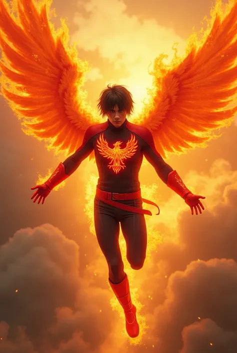 20 year old man with bad straight black hair, tight black and red clothing, Red gloves and boots, the radiant phoenix on his chest, flying through the sky in full length, a lot of fire around him, realistic.
