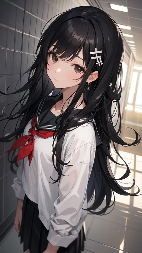 [[[ ultra-detailed, best quality, soft skin, beautiful face, masterpiece, close-up, modern setting, anime]]] black hair, flowing hair, hair ornament, black eyes, composed, school hallway, cute clothes , subtle hair ornament, looking down, monotone, dynamic...