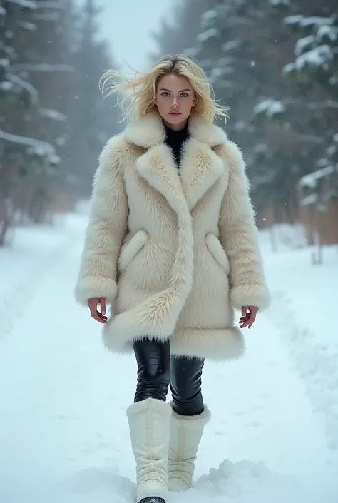 photorealism woman , dynamic blond krótkie poszarpane włosy , duze niebieskie błyszczace oczy , dressed in a fluffy, knee-length cream coat , very fluffy warm coat , long-haired sheepskin , black leather pants and winter high white snow boots , shiny skin ...