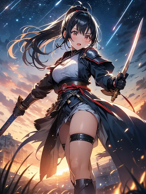 One girl, human, Otome, A woman swings a sword, Intense battle scenes, Grim expression, Black Hair, ponytail, Big Breasts, Red hair tie, Clear black eyes, Samurai, Silver and navy blue samurai costume, Highly detailed armor and weapons, Dynamic pose, Cloud...