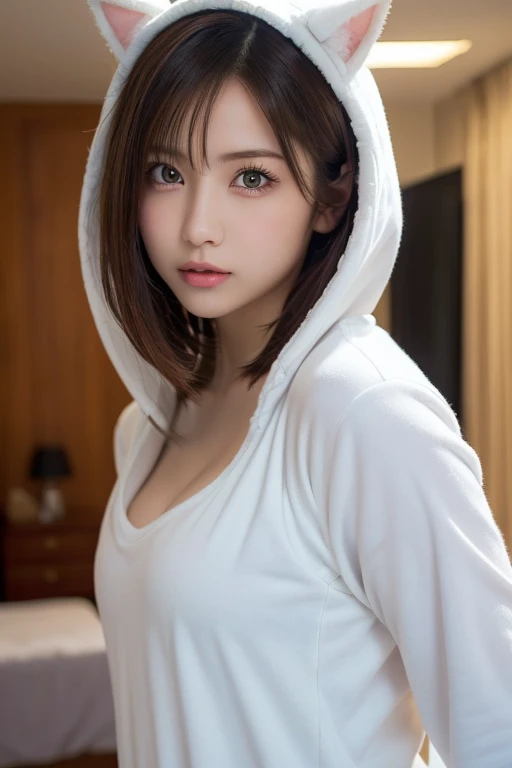 one girl, (a beauty girl, delicate girl: 25:1.3),
break, (White fluffy kigurumi pajamas, Cat Costumes:1.2), (Upper Body:1.2),
break, Definition of very fine particles, (Symmetrical eyes:1.3),
break, (bedroom:1.3), 
break, Small breasts, Brown eyes, Parted ...