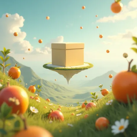 Design a creative fantasy milk and fruits land flying in the air. There is a box in the middle of the land. Some blurry fruits and flying in the corners of the image. 