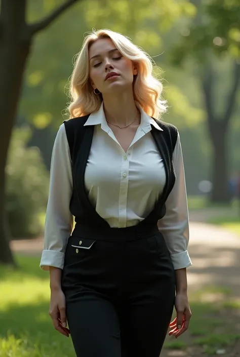 Very beautiful and busty realistic blonde girl dressed in a white, long-sleeved, fitted stewardess shirt with a black sweater and black pants, very relaxed and arms hanging down, falling asleep standing up in a park