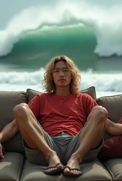 (photorealism:1.2), Photography of a 20 year old Asian guy with long curly blond hair wearing a red t-shirt, shorts, flip-flops, sitting relaxed on the sofa. Background of the afternoon tsunami. 